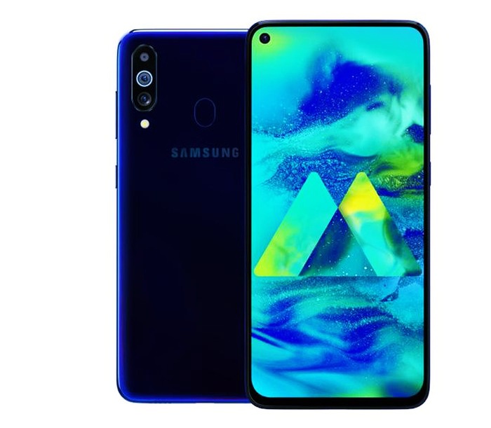 Hình ảnh render phiên bản Samsung Galaxy M40 màu xanh lam. Thiết kế màn hình Infinity-O. 3 camera và cảm biến vân tay ở mặt lưng.