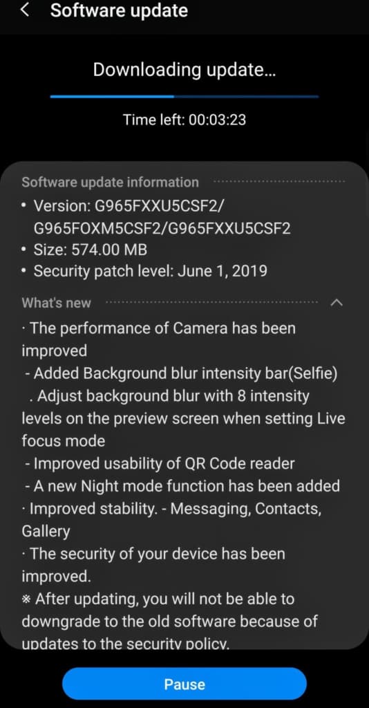 Bản cập nhật 574MB đi kèm với bản cập nhật bảo mật Android tháng 6 năm 2019.