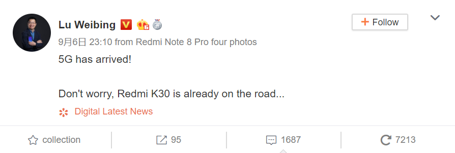 Lu Weibing - CEO Redmi xác nhận Xiaomi Redmi K30 sắp được ra mắt