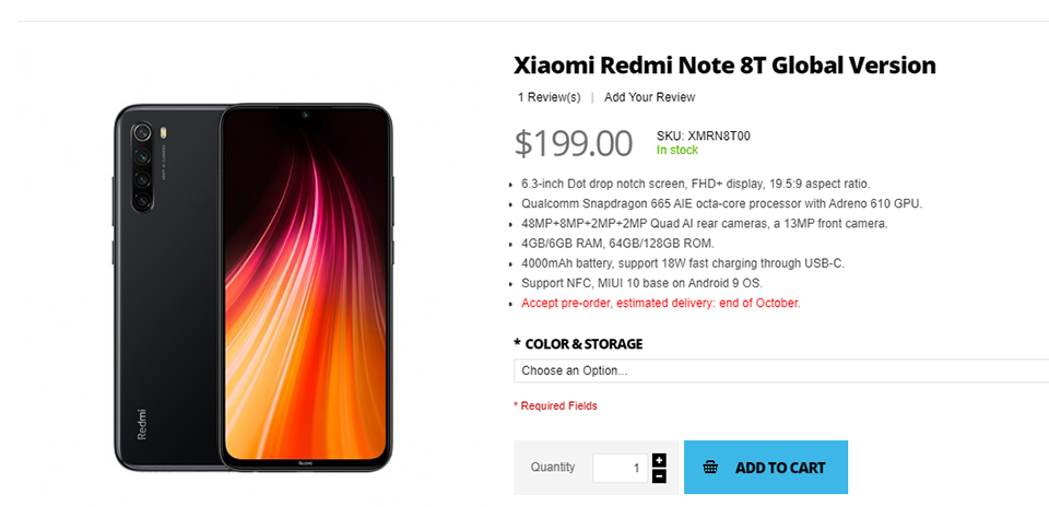 Xiaomi Redmi Note 8T được đặt hàng trước khi ra mắt trên Giztop