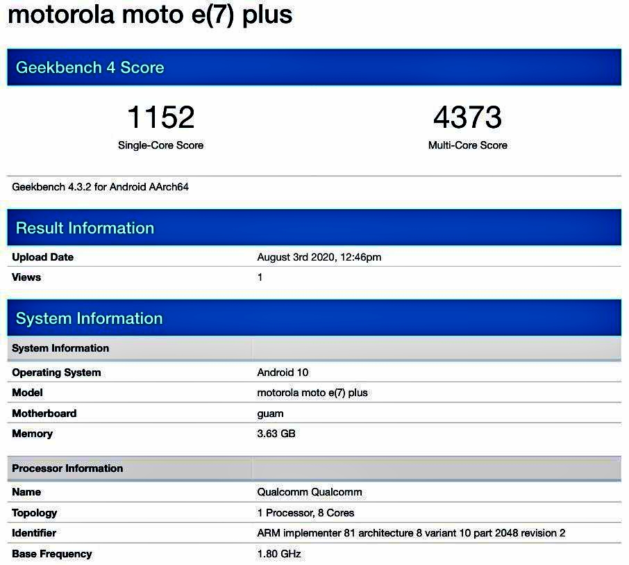 Moto E7 Plus xuất hiện trên GeekBench tiết lộ thông số kỹ thuật trước khi ra mắt chính thức